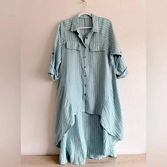 Meo Meli Light Blue Striped 100%  Linen Hi Low Button Down Dress OS - Picture 2 of 8